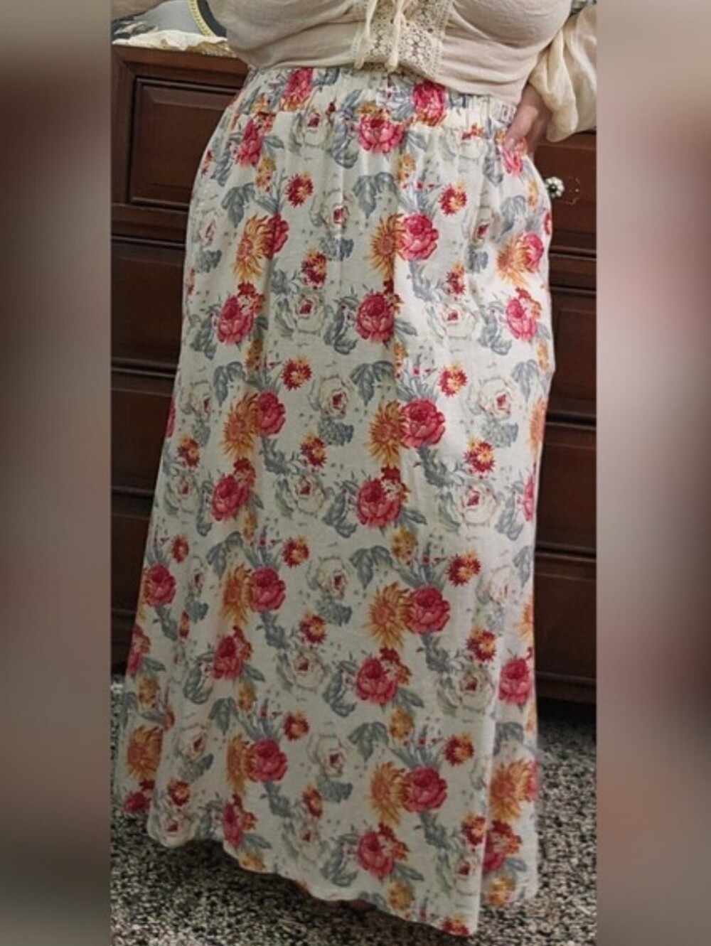Kaktus White Maxi Skirt with Pink and Yellow Floral Print